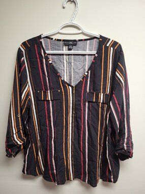 Women's Striped Blouse XL Roll Tab 3/4 Sleeve Rayon INC International Concepts